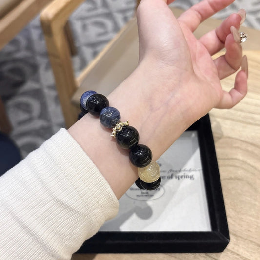 Five Elements Crystal Bracelet - Obsidian & Aquamarine Energy Beads