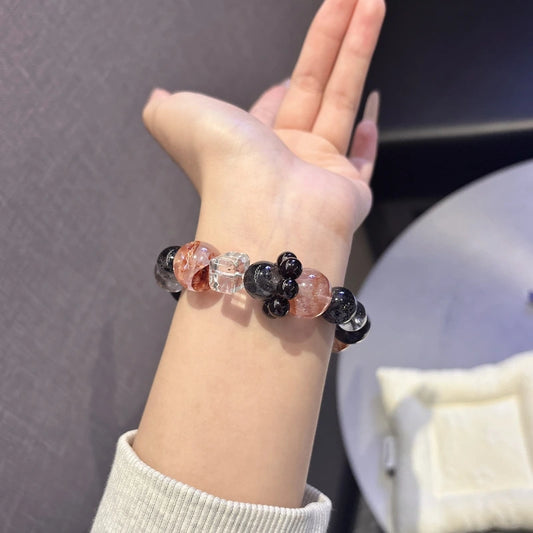 Autumn Crystal Bracelet - Red Phantom Quartz & Obsidian Beads